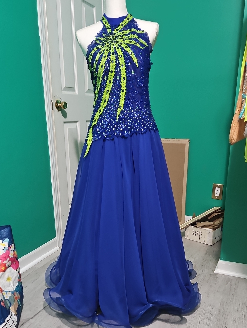 "Royal Blue" Smooth couture ballroom gown, new w/ lime green and swarovski